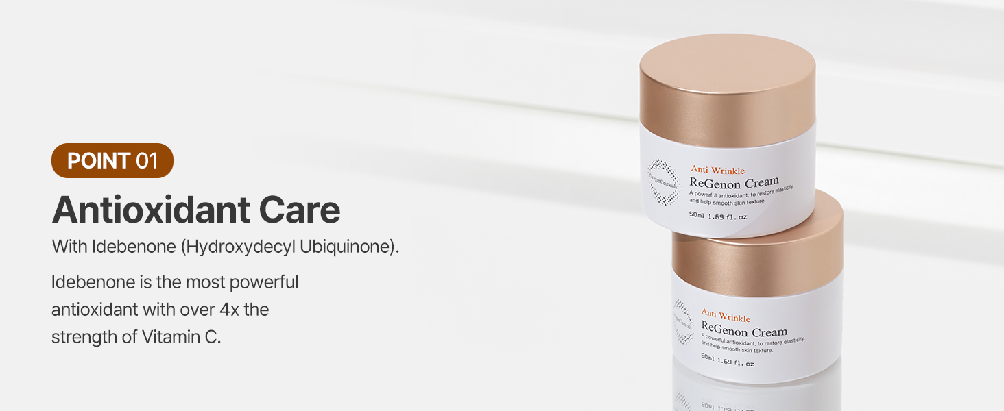 contains anti-oxidant idebenone, 4x the strength of vitamin c