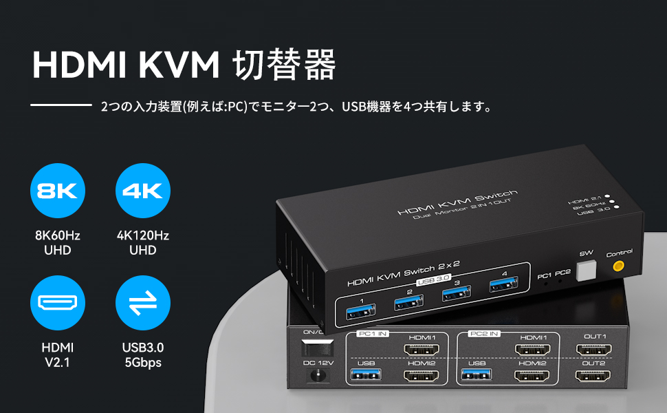 デュアルモニター USB3.0 KVM 切替器 2入力2出力 8K DisplayPort KVM 切替器 SW623 4K 144Hz デュアル モニター 8K