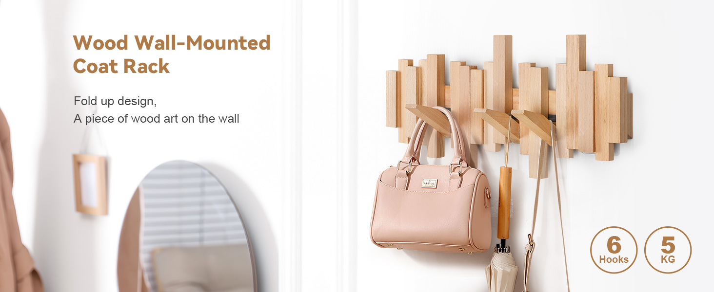 Ufine Wood Wall Mounted Coat Rack with 6 FlipDown Hooks 16