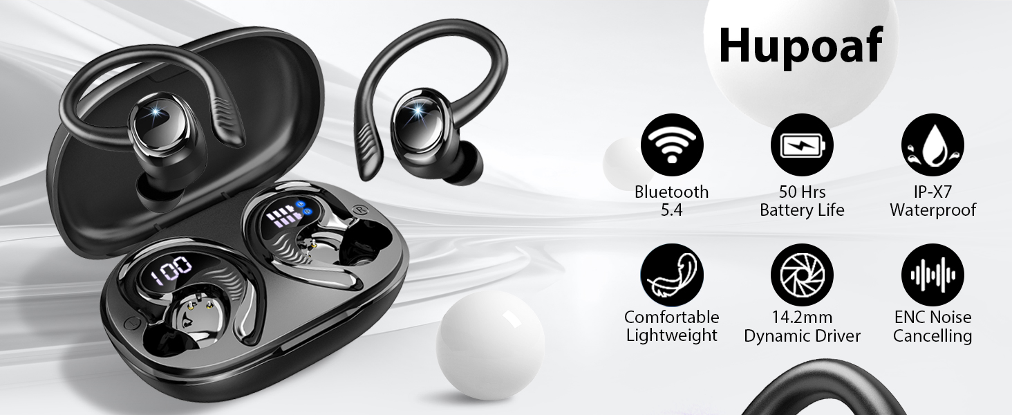 Wireless earbuds with ear hooks in charging case. Features include Bluetooth 5.0, 25-hour battery life, IP67 waterproof rating, comfortable lightweight design, 14.2mm dynamic driver, and noise cancelling.