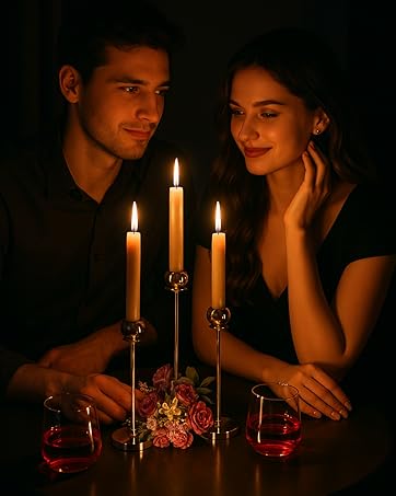 Romantic candlelight dinner setup around elegant gold candle holders, creating a warm,ambiance.