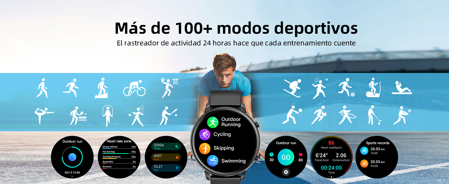 Interfaz de reloj inteligente que muestra múltiples modos de deporte con iconos. Muestra la frecuencia cardíaca, las calorías y otras métricas de estado físico. Escena de playa en segundo plano.