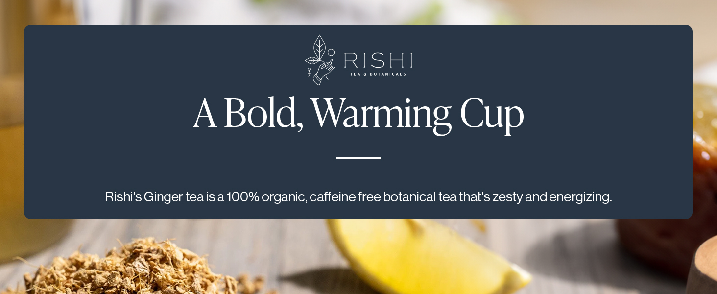 Header with Rishi Tea Ginger loose leaf herbal tea blend organic caffeine free botanical zest energy