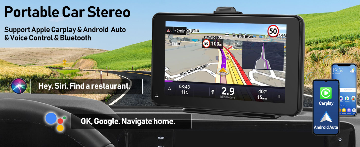 Portable Wireless Apple Carplay Android Auto Car Stereo Radio, 7 Inch