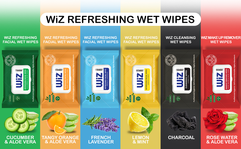 Wiz Refreshing Facial Wet Wipes Lemon & Mint 25 Wipes Pack of 6 AlcoholFree & Paraben Free