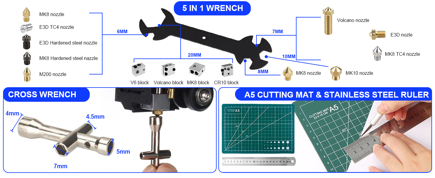 112 PCS 3D Printing Tool Kit, 3D Printer Accessories with Nozzle Cleaning Kit, Deburring Tool, Digital Caliper, Pliers, Wrench Set, Cutting Mat, Tool Bag, for 3D Print Removing, Cleaning, Finishing 13 112 PCS 3D Printing Tool Kit