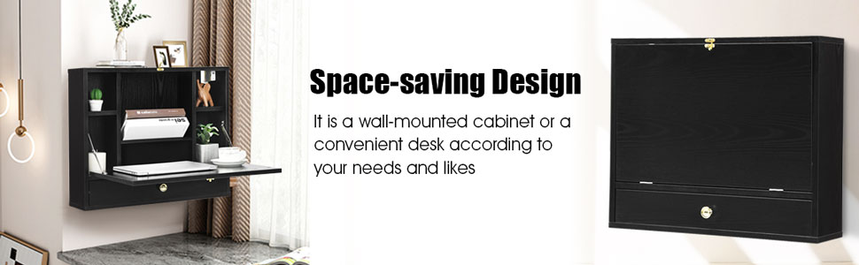 COSTWAY Wall-mounted Drop-leaf Table, Space Saving Laptop Computer Desk Workstation, Folding Hanging Table Cabinet With Storage Drawer And Shelves, Capacity 20KG (White) 14 2