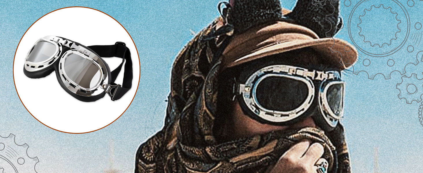 Las gafas de aviador de estilo vintage se muestran en dos vistas: un dibujo lineal sencillo y una fotografía detallada con ribetes de piel texturizada.