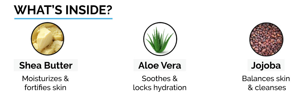 shea butter, aloe vera, jojoba to balance and cleanses skin
