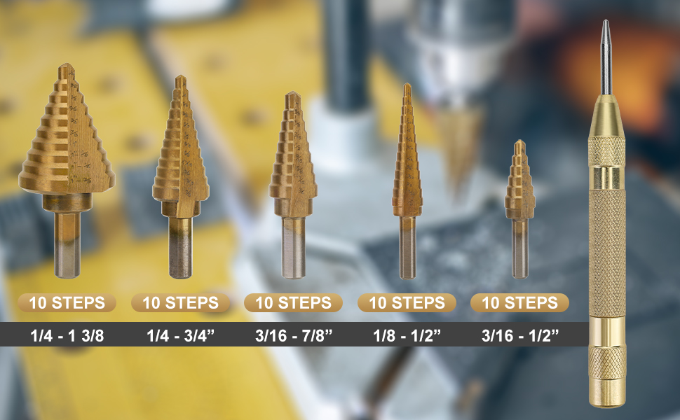 Step Drill Bit Set 5 Titanium Coated Hss Step Bit & Automatic Center