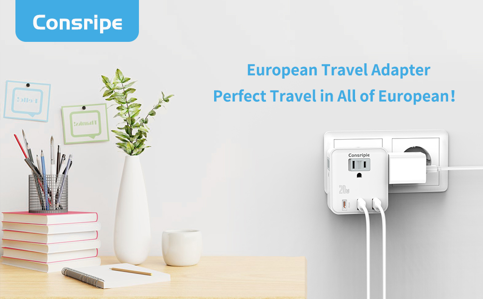 European Travel Plug Adapter, Consripie US to Europe Travel