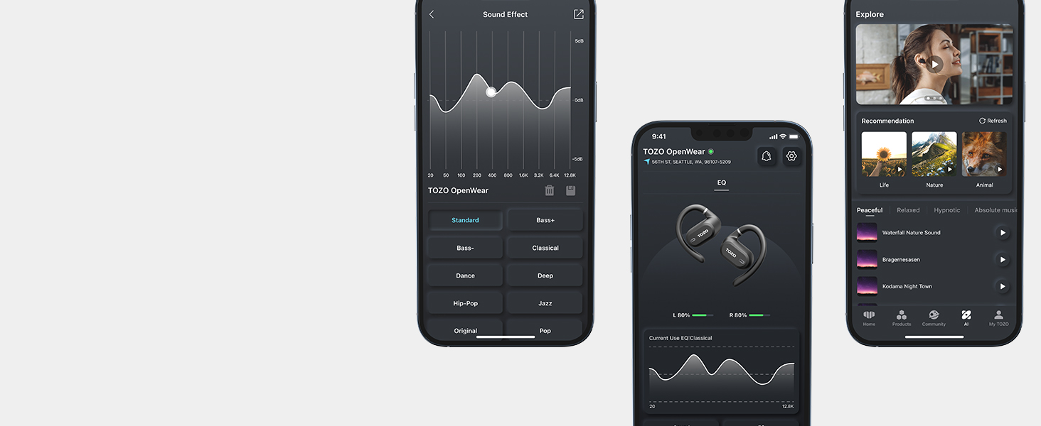 Three smartphone screens displaying various fitness or health tracking interfaces with graphs, statistics, and monitoring features in dark mode.