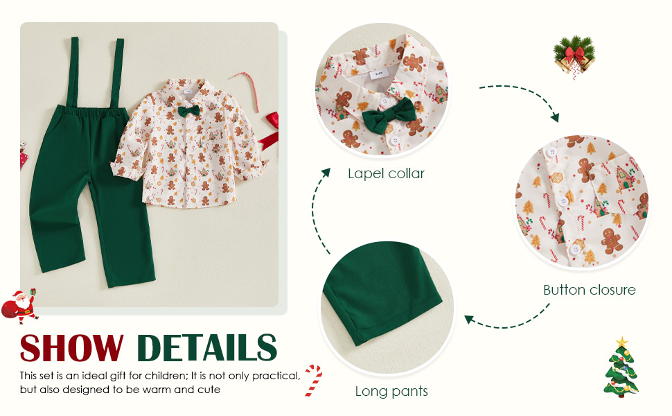 Toddler Baby Boy Christmas Outfit Gentleman Gingerbread Shirt Pants Set Boys Matching Clothes