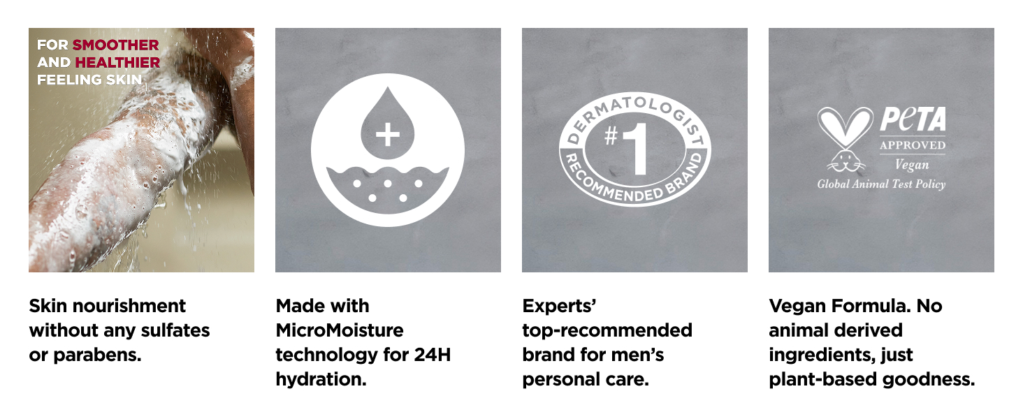 Icons about no sulfates or parabens, MicroMoisture, expert's recommended brand & PETA approved seal.
