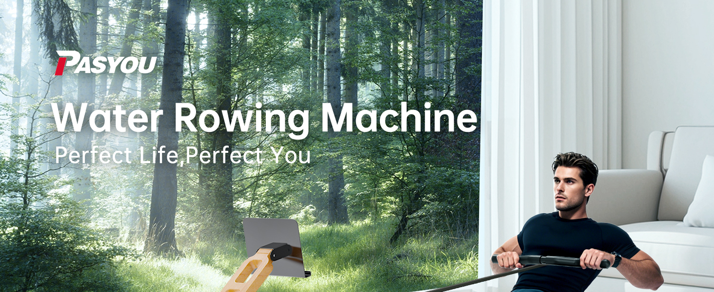 Water rowing machine in use, showing a person exercising indoors with a forest scene visible through large windows behind.