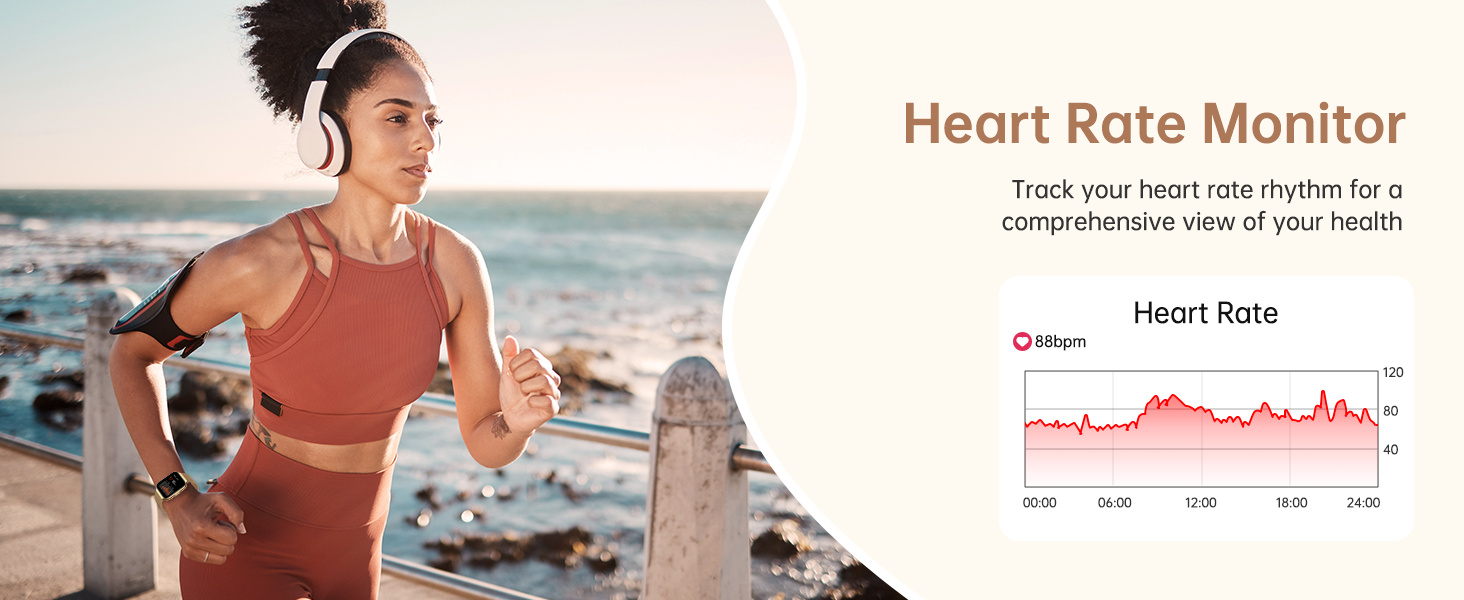 Heart rate monitor feature showcased with graph. Woman in coral sports bra running outdoors wearing wireless headphones. Text explains tracking heart rhythm for health insights.
