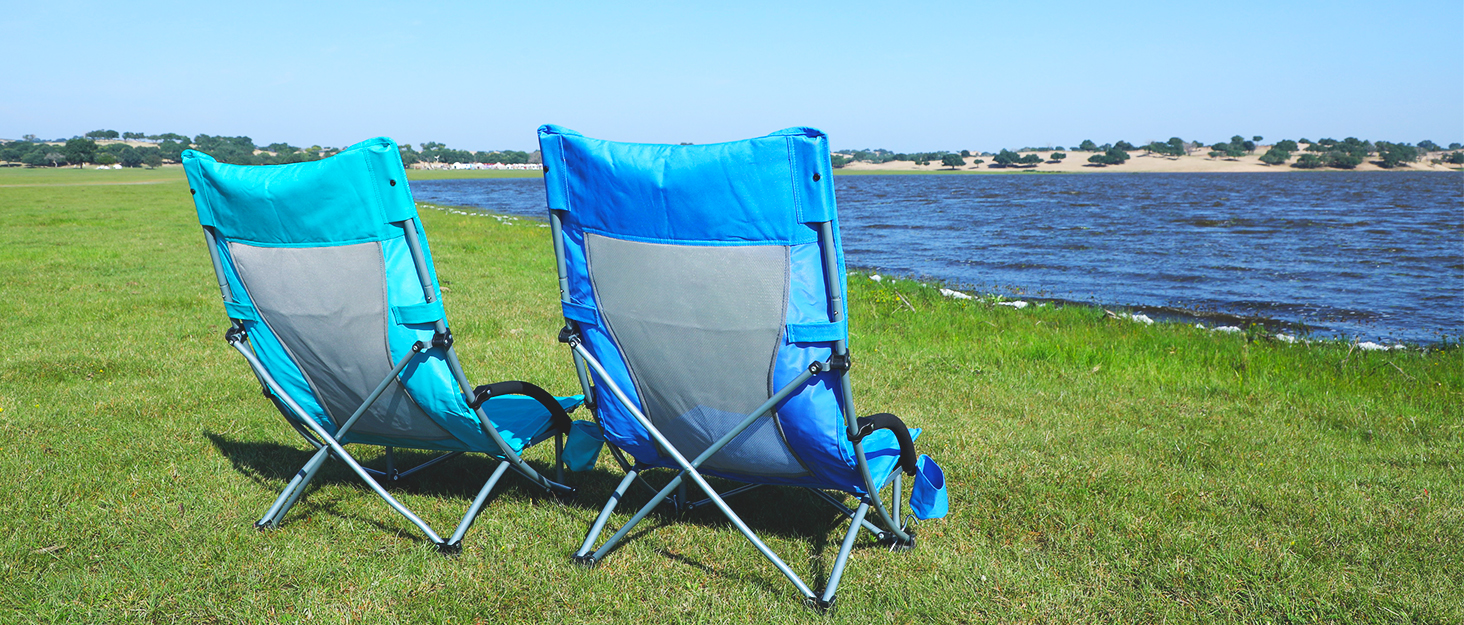 Amazon Com Kingcamp Beach Chair High Back Lightweight Folding Backpack Chair With Cup Holder Pocket Pillow Bag For Outdoor Camping Sand Concert Lawn Festival Sports Cyan Sports Outdoors