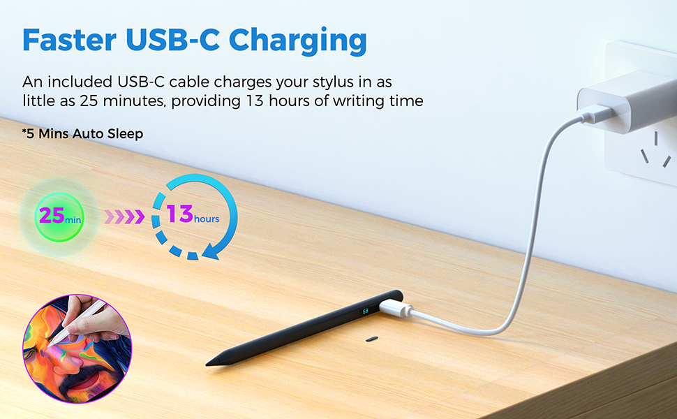 An included USB-C cable charges your stylus in as little as 25 minutes