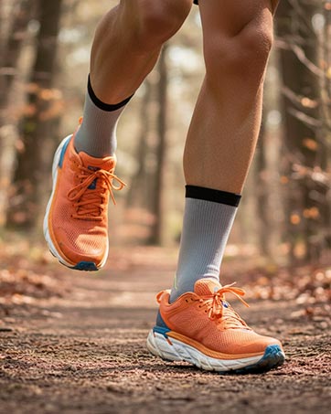 SPIRESNUG athlete running in gray socks on forest path. Footwear focus.