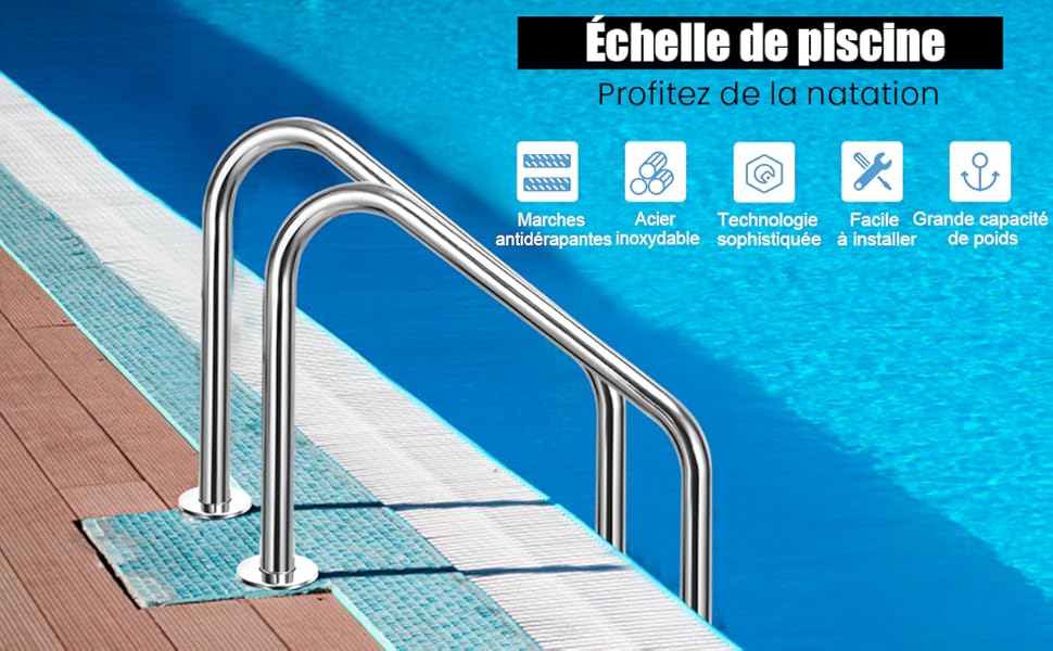 RELAX4LIFE Échelle De Piscine à 3 Marches En Acier Inoxydable Avec Protection Antidérapante, Escalier De Piscine Chargeable à 150KG Pour Piscines, Centres De Spa, Parcs Aquatiques, 63x146 CM (Modèle 2 10 1