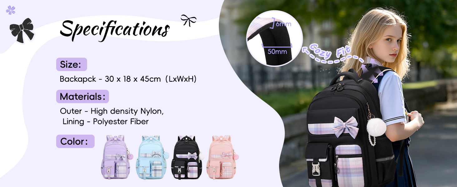 : taille 30 x 16 x 45 cm, extérieur en nylon haute densité, doublure en polyester. Disponible en violet, bleu, noir et rose. L'image montre une personne portant un sac à dos noir avec poche latérale.