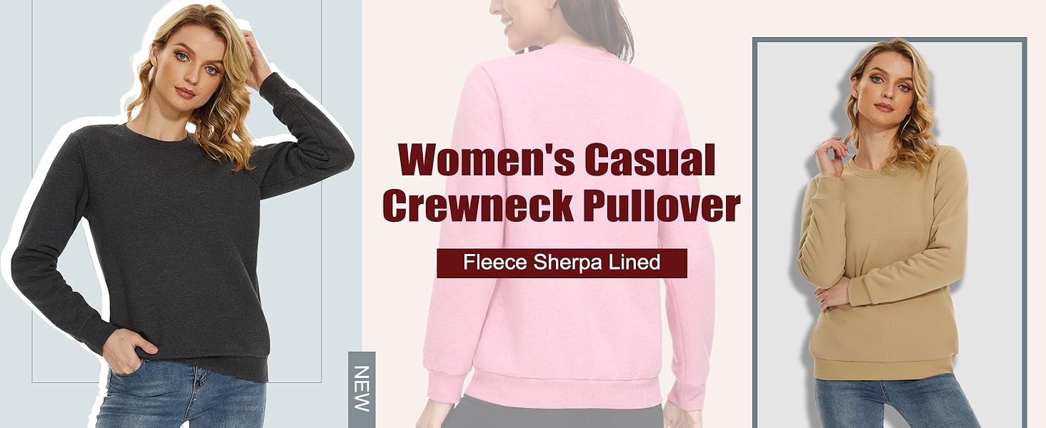 Women Sherpa Lined Sweatshirts Ladies Crewneck Fleece Pullover Tops Casual Soft Warm Sweater Winter