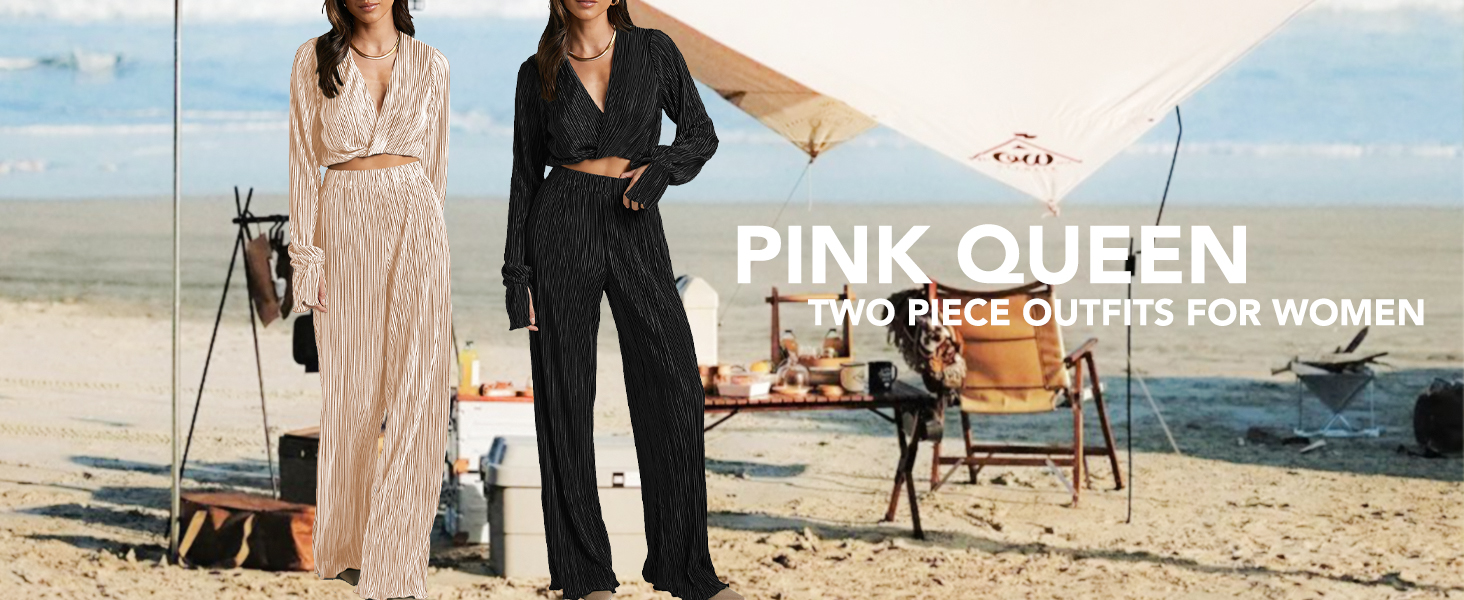 Pink Queen 2 Piece Outfits for Women Long Sleeve V Neck