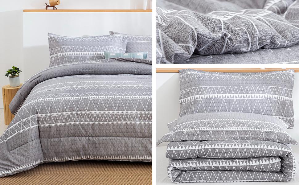 Grey Comforter Set Twin, Reversible Gray Boho Down