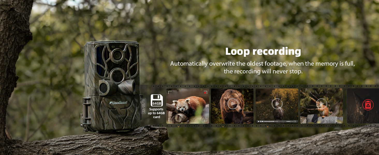 Wildlife camera trap on tree trunk. Display shows loop recording feature, with thumbnail images of various animals captured by the device.