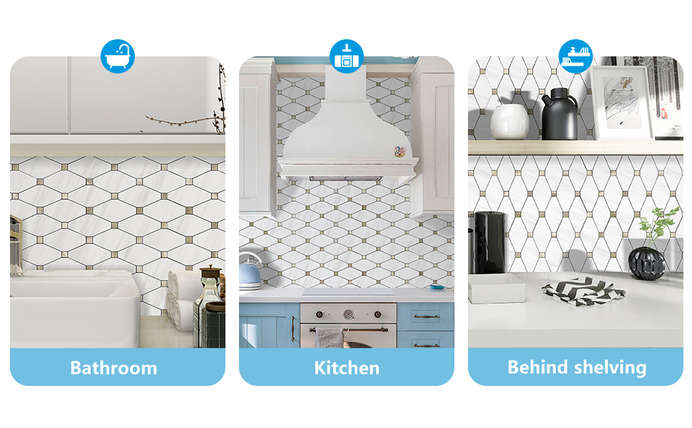 STICKGOO 1 Sheet Peel and Stick Backsplash, White Marble Look PVC Mixed Metal Gold Kitchen