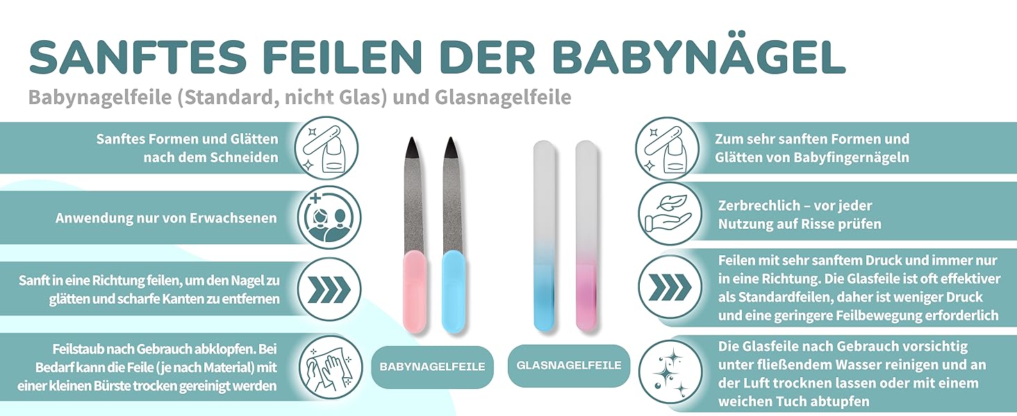 Der Text lautet: „SANFTES FEILEN DER BABYNÄGEL“. Instruktive Infografik in Blau und Weiß, die Schritte zur Nagelpflege für Babys mit kreisförmigen Symbolen und deutschem Text zeigt.