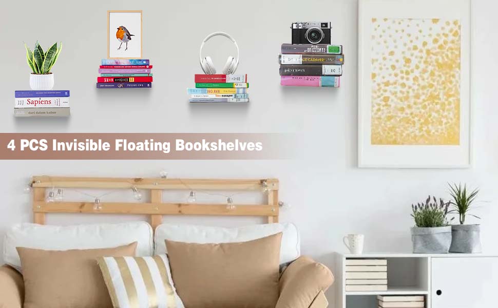 JYUHA 4 PCS Invisible Floating Bookshelves, Wall Mounted Floating Book