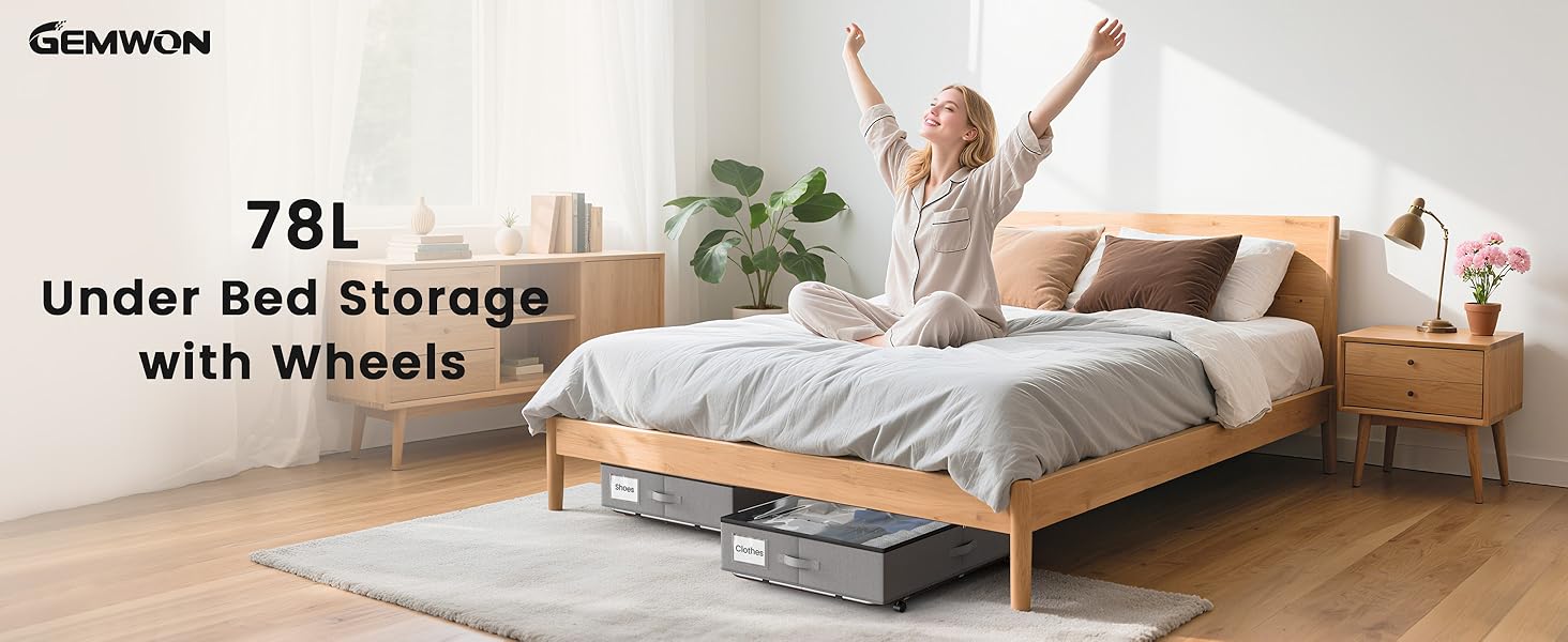 Genwin 78L wheeled under-bed storage container shown in bedroom setting with contemporary bed and decor.