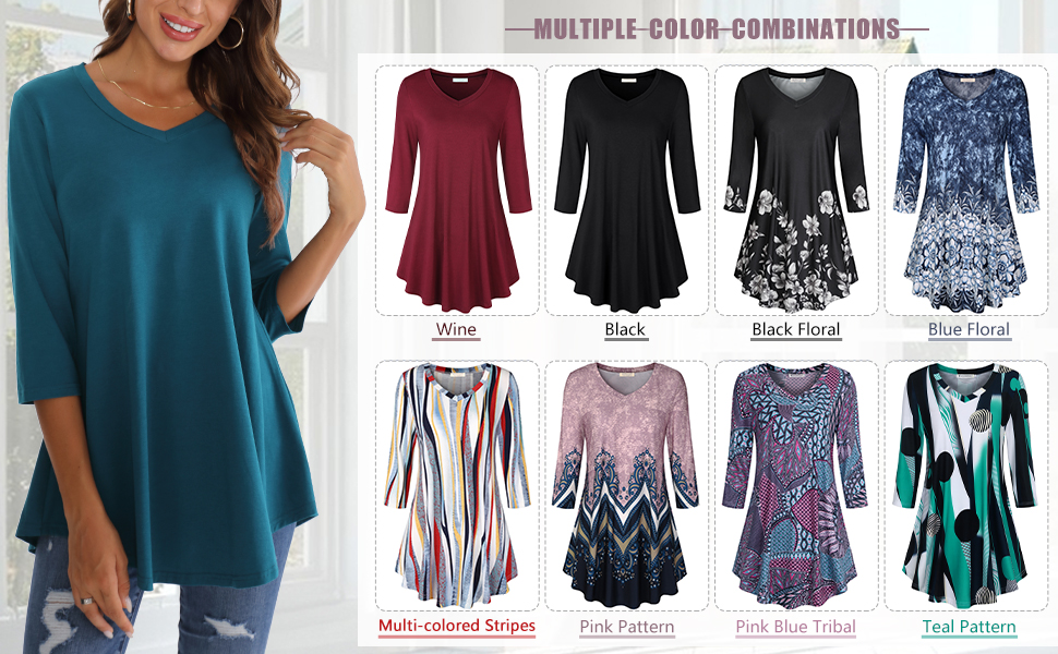 BAISHENGGT Women's V Neck 3/4 Sleeve Tunic Tops for Leggings