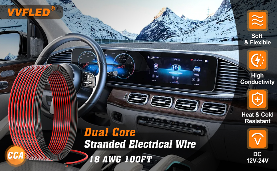 VYFLED 18 AWG 100FT dual core stranded electrical wire shown in car interior, featuring heat resistant and flexible properties for 12-34V DC applications.