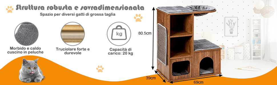 COSTWAY Tiragraffi Per Gatti Grandi Adulti, Tiragraffi Gatto Con Cuccia, Amaca, Piattaforme E Cuscini Rimuovibili, Albero Tiragraffi Da Divano In Legno, Portata 20 Kg, 69 X 39 X 80,5 Cm 16 4