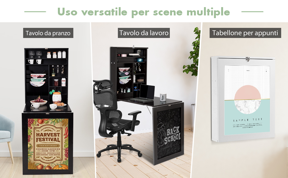 COSTWAY Scrivania Da Parete, Tavolo Pieghevole A Parete Con Lavagna E Mensola Regolabile, Scrivania Multifunzione Con Scaffali Per Casa Ufficio, 87 X 60 X 150 Cm (Nero) 12 1