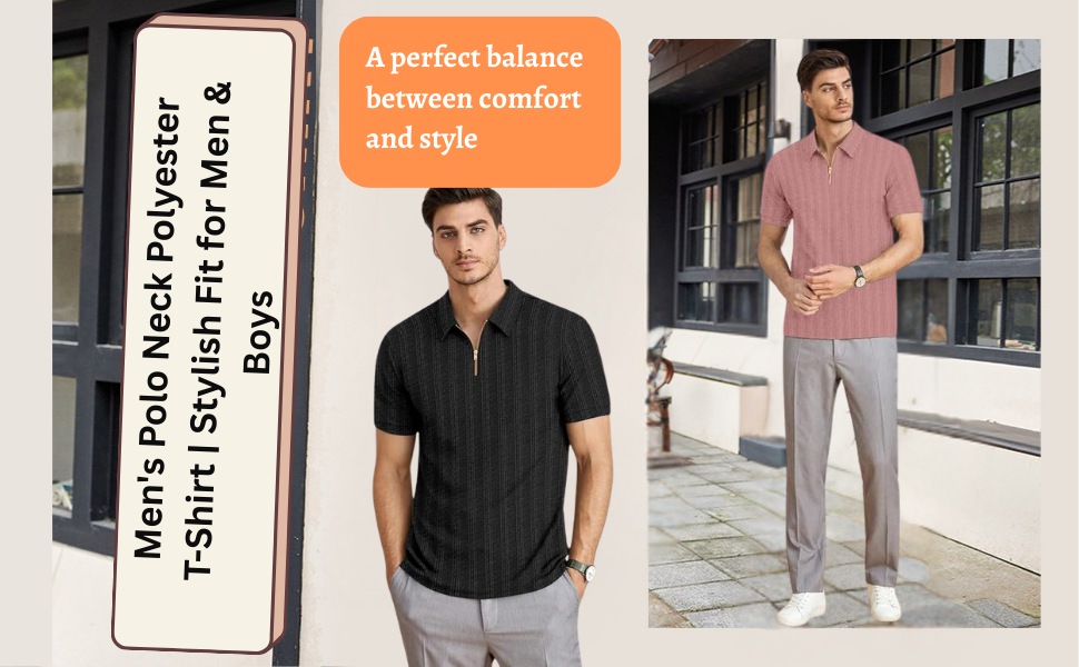 Men's Self-Design Polo Neck Polyester T-Shirt