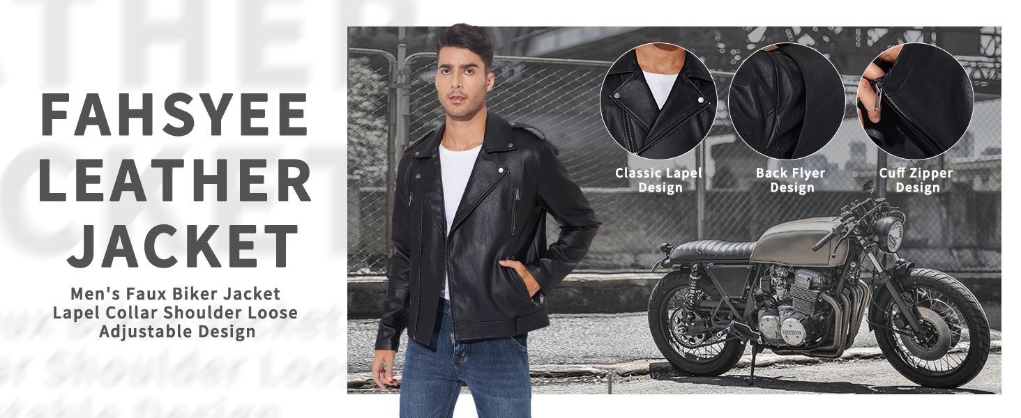 Produktbild der Lederjacke, das einen Mann zeigt, der die Jacke trägt, mit kleinen eingefügten Bildern von Jackendetails und Motorrad