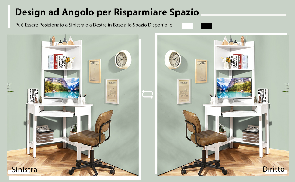 COSTWAY Scrivania Angolare In Legno, Scrivania Porta PC Con Libreria, Vassoio Per Tastiera E Ripiani, Scrivania Salvaspazio E Moderna Per Casa E Ufficio, 70 X 70 X 172 Cm, Bianco 12 4