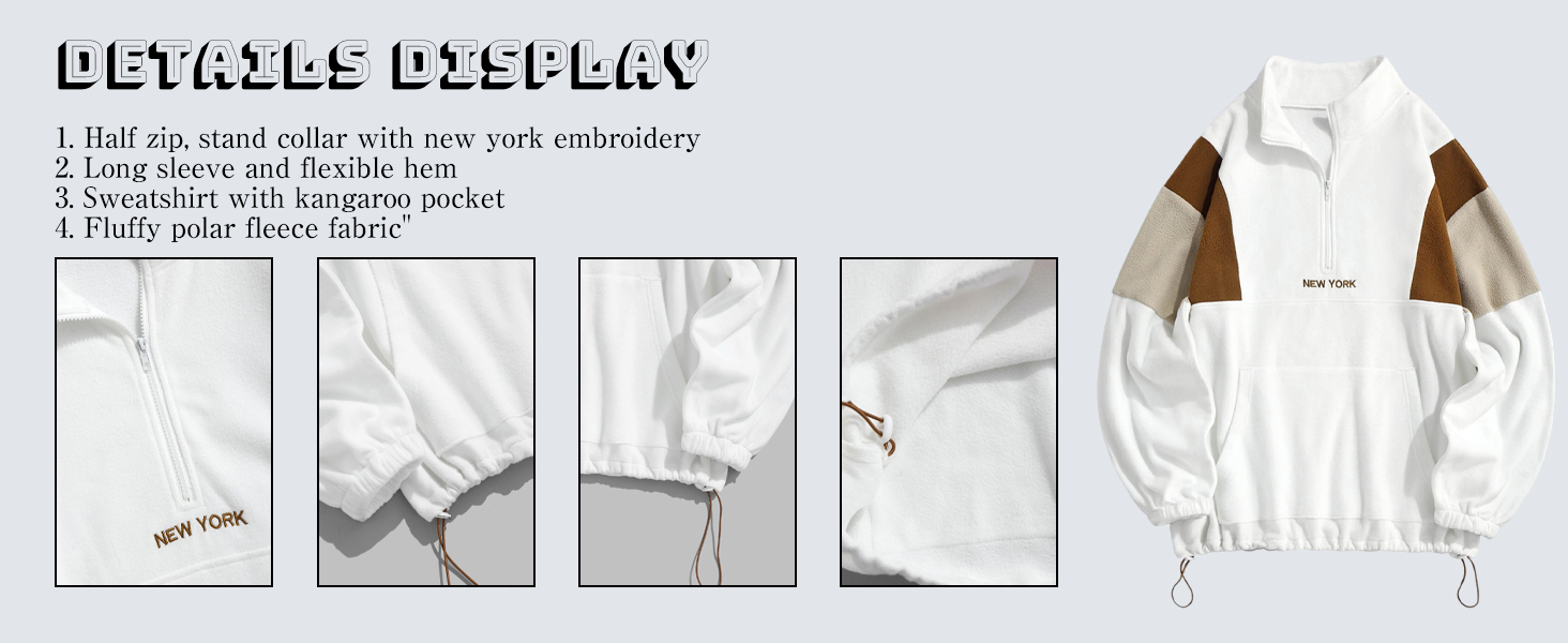 ZAFUL Men's Fluffy Polar Fleece Sweatshirt NEW YORK Embroidery Half Zip Unisex Hoodie