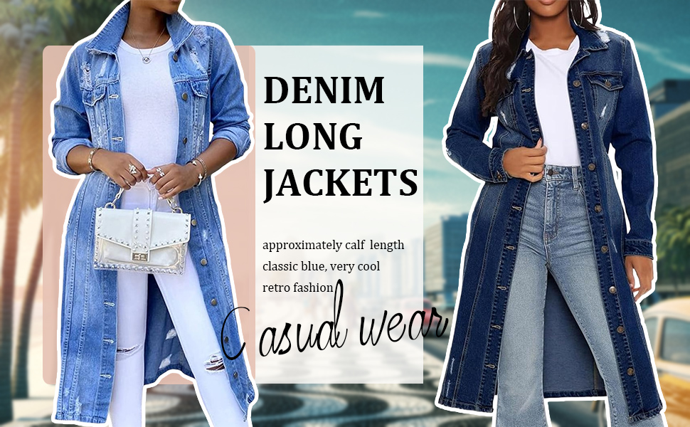 Women's Distressed Long Denim Jacket Ripped Hole Over Knee