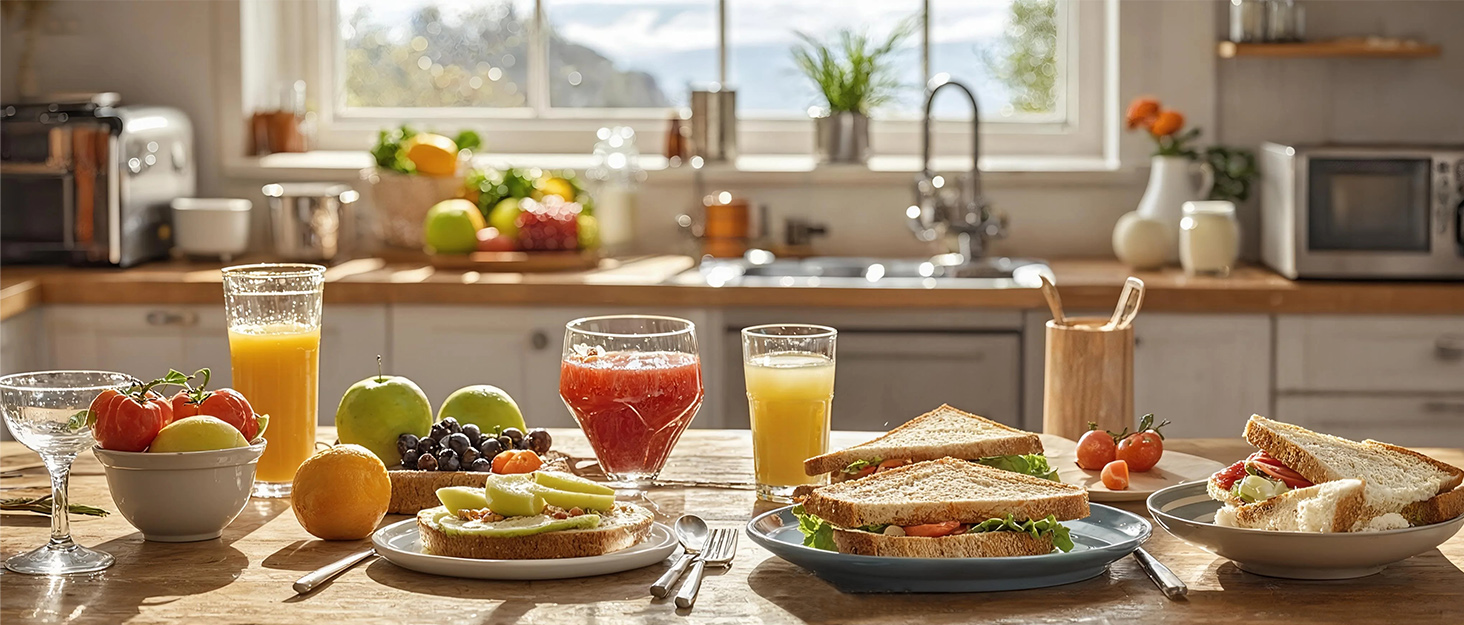 La table du petit déjeuner est composée de divers plats, notamment du jus d'orange, des pâtisseries, des fruits et des assiettes dans un cadre chaud et lumineux du matin.