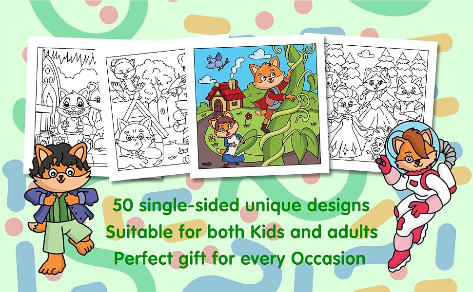 50 Single-Sided unique designs. Suitable for both kids and adults. Perfect gift for all ages.