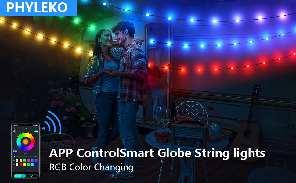 PHYLEKO Outdoor String Lights, 33FT 66LED String Lights, IP68 Waterproof Patio Lights, RGB Color