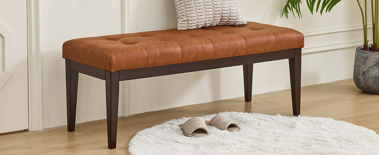 47.2" Button-Tufted Entryway Bench, Upholstered Faux Leather Ottoman Bedroom Bench End