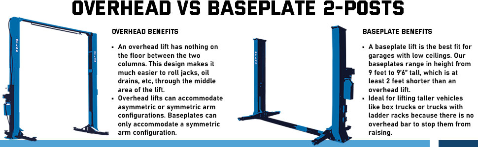 Overhead versus baseplate 2 post lifts