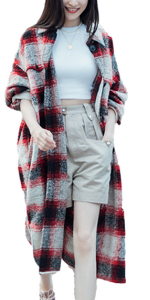 Omoone Women's Button Down Long Plaid Shacket Pea Coats Long Sleeve Check Shirt Jacket 