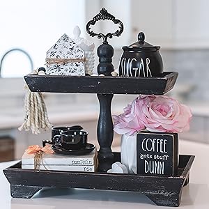 2 tier rectangle square rustic black farmhouse tiered tray with interchangeable handles