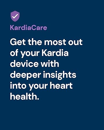 KardiaCare app promotional image with purple shield logo and text describing deeper heart health insights for Kardia device users.
